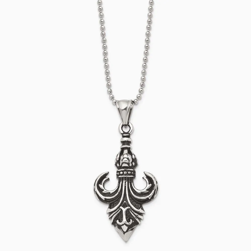 Stainless Steel Antiqued &amp; Polished Fleur de lis Necklace