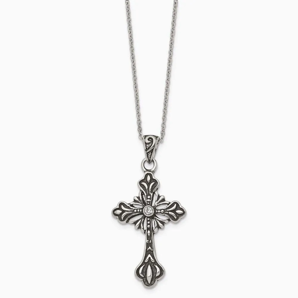 Stainless Steel Antiqued and Polished w/Crystal Cross Necklace