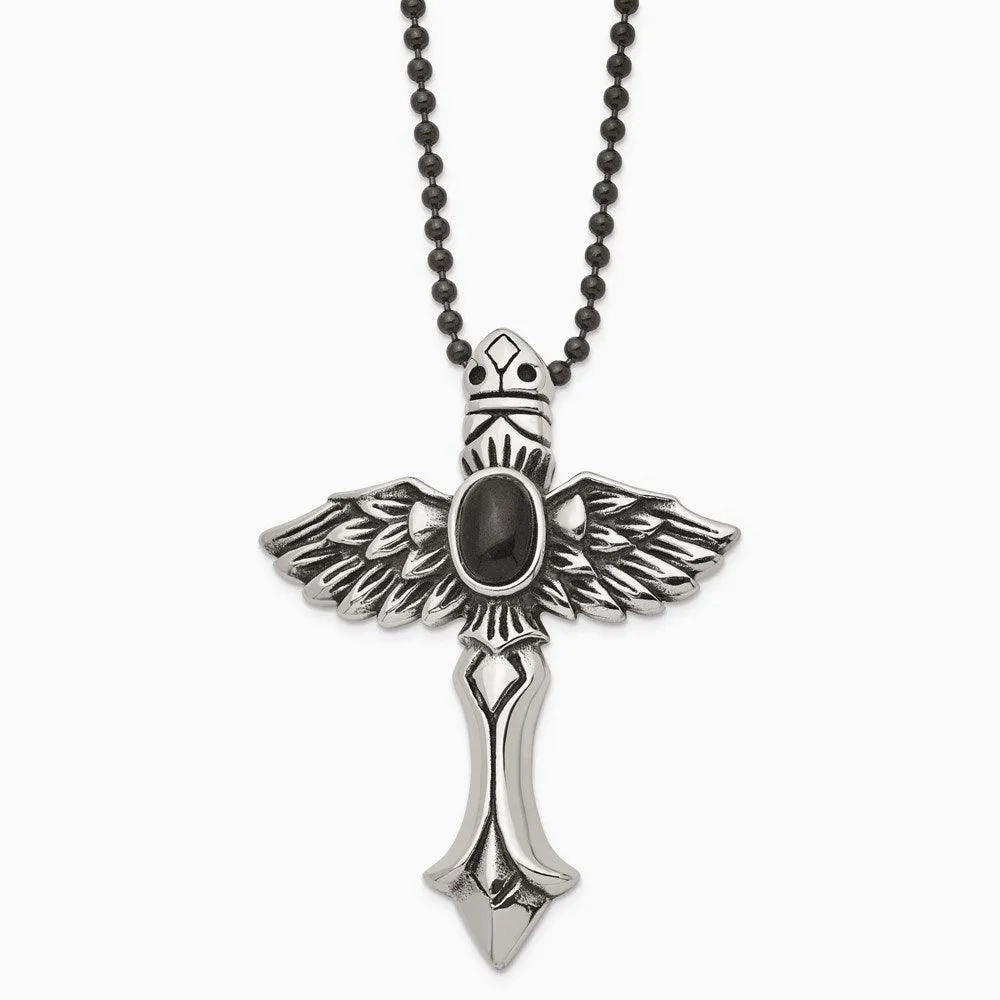 Stainless Steel Antiqued Cross w/Wings &amp; Black Stone 24in Necklace