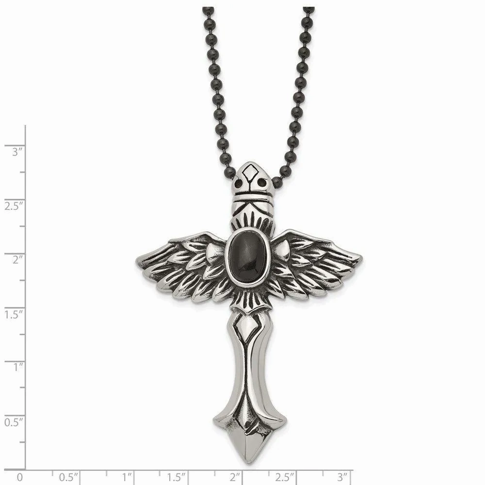 Stainless Steel Antiqued Cross w/Wings &amp; Black Stone 24in Necklace