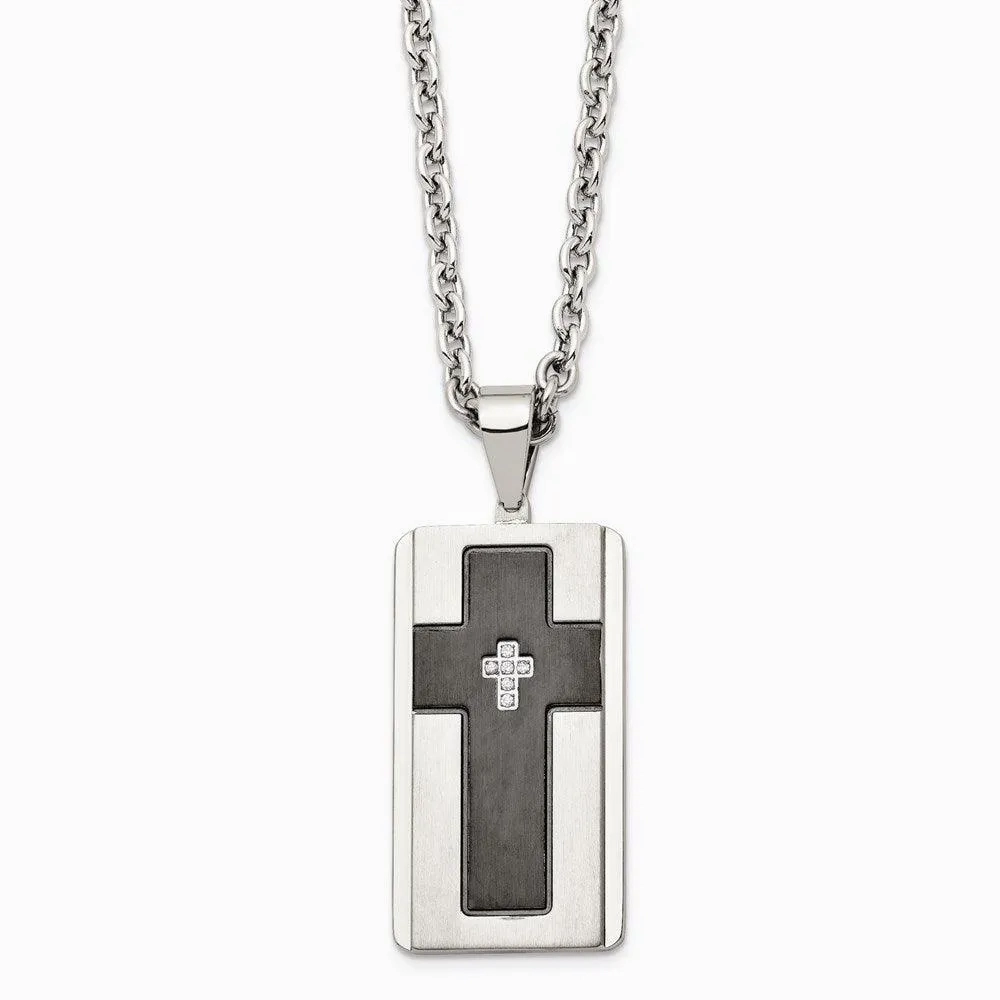Stainless Steel Brushed &amp; Polished Black IP-plated w/ CZ Necklace