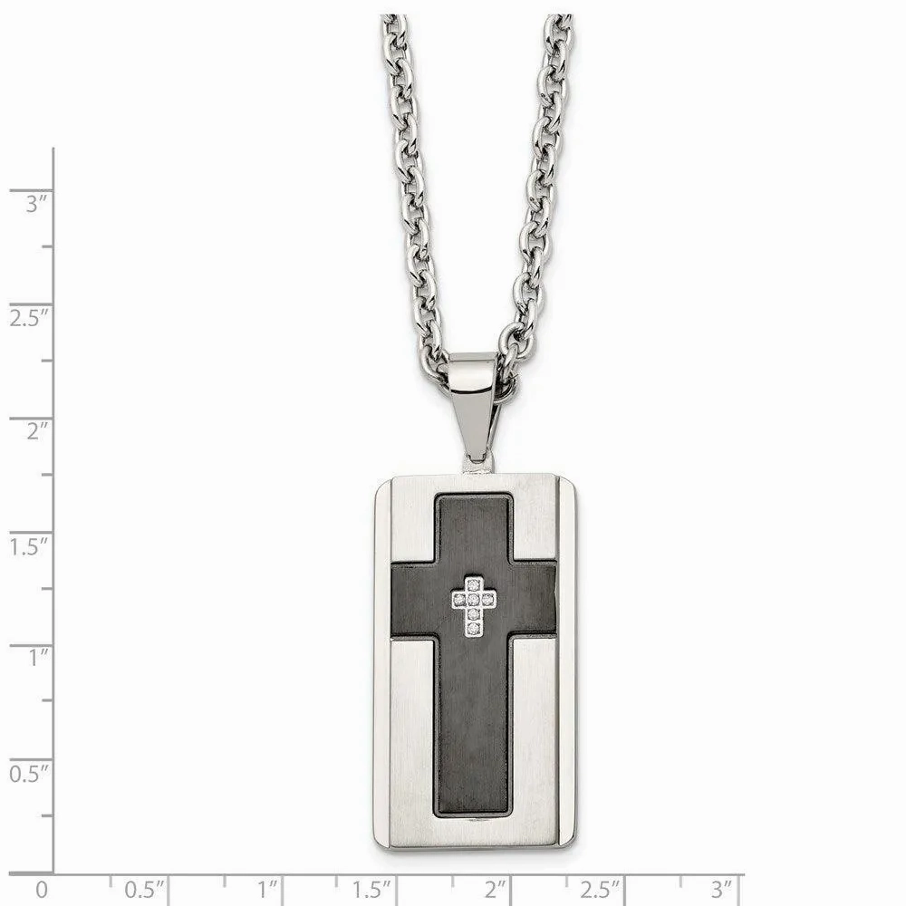 Stainless Steel Brushed &amp; Polished Black IP-plated w/ CZ Necklace