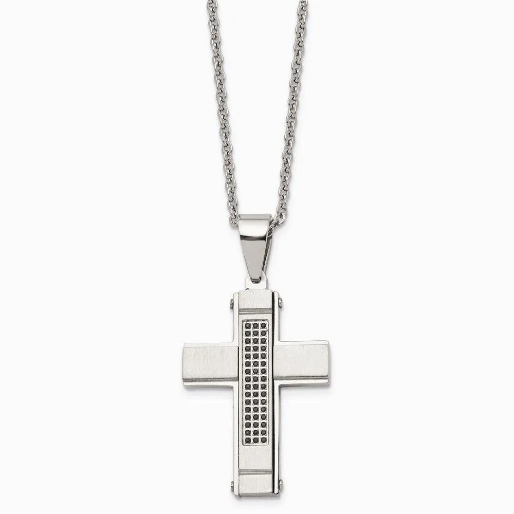 Stainless Steel Brushed and Polished w/ Black CZ Cross Necklace