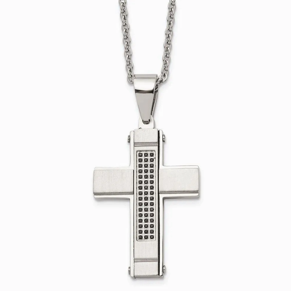 Stainless Steel Brushed and Polished w/ Black CZ Cross Necklace