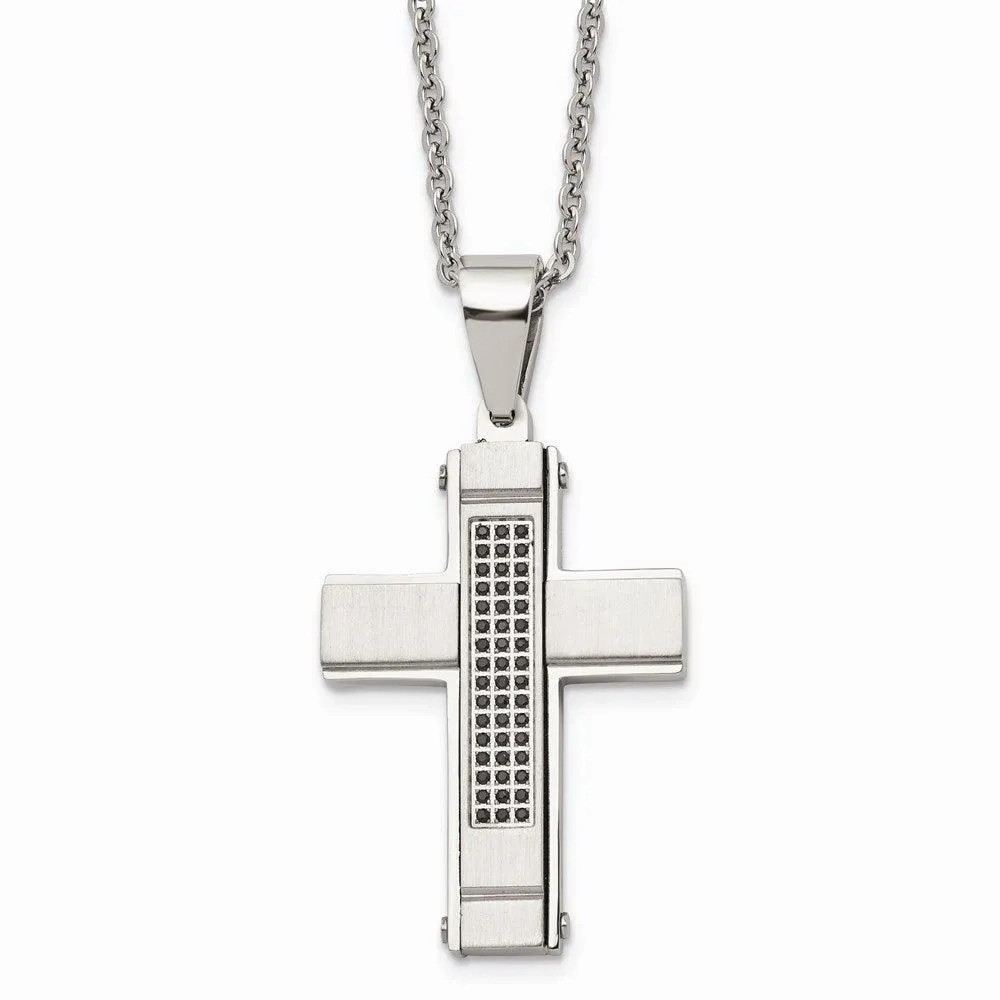 Stainless Steel Brushed and Polished w/ Black CZ Cross Necklace