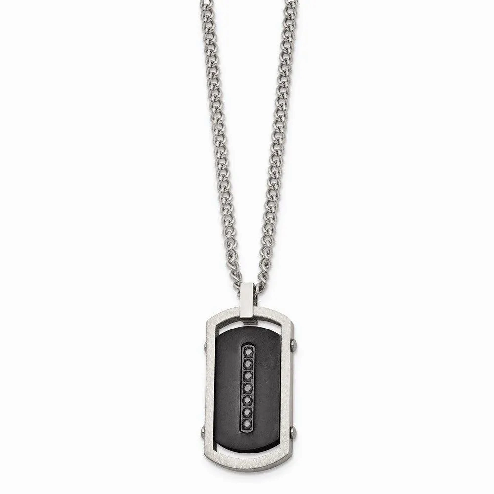 Stainless Steel Brushed/Polished Black IP Center Black CZ Tag Necklace