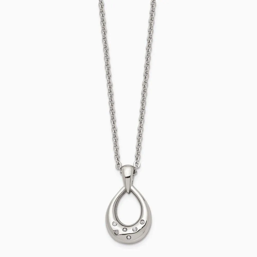 Stainless Steel CZ Teardrop Polished Necklace