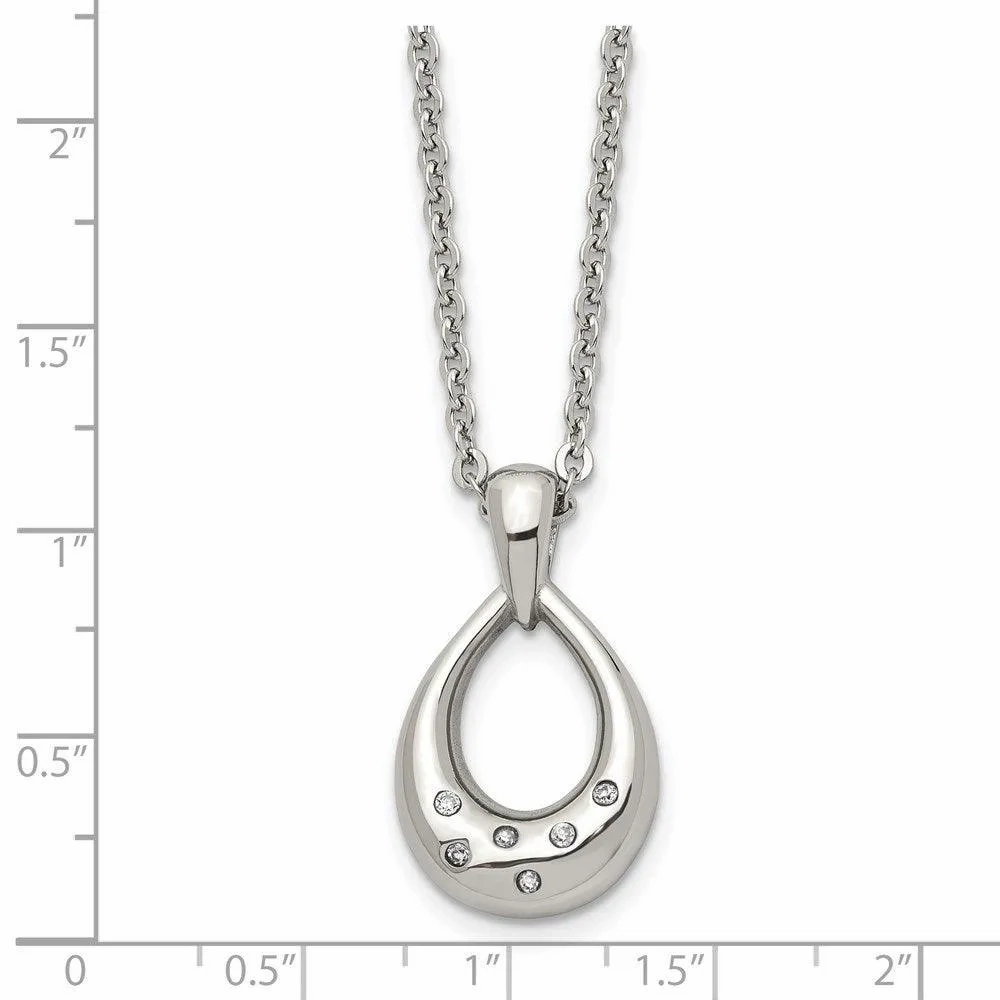 Stainless Steel CZ Teardrop Polished Necklace