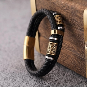 Stainless Steel Gold Double Bar Leather Hand Braided Bracelet 