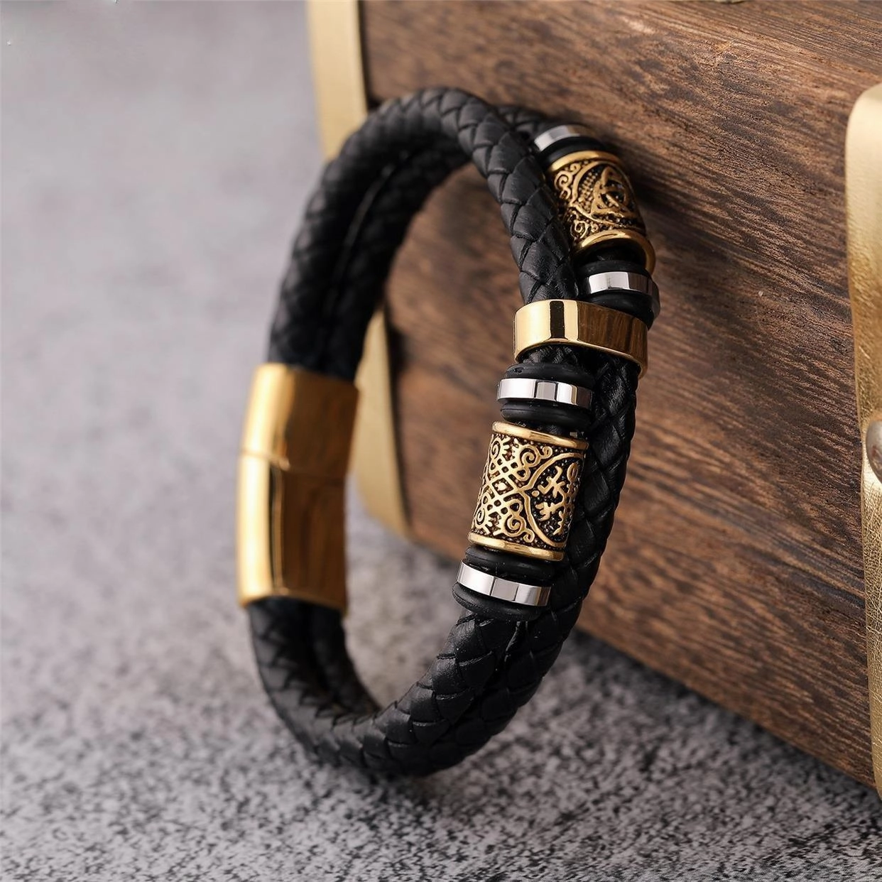Stainless Steel Gold Double Bar Leather Hand Braided Bracelet 