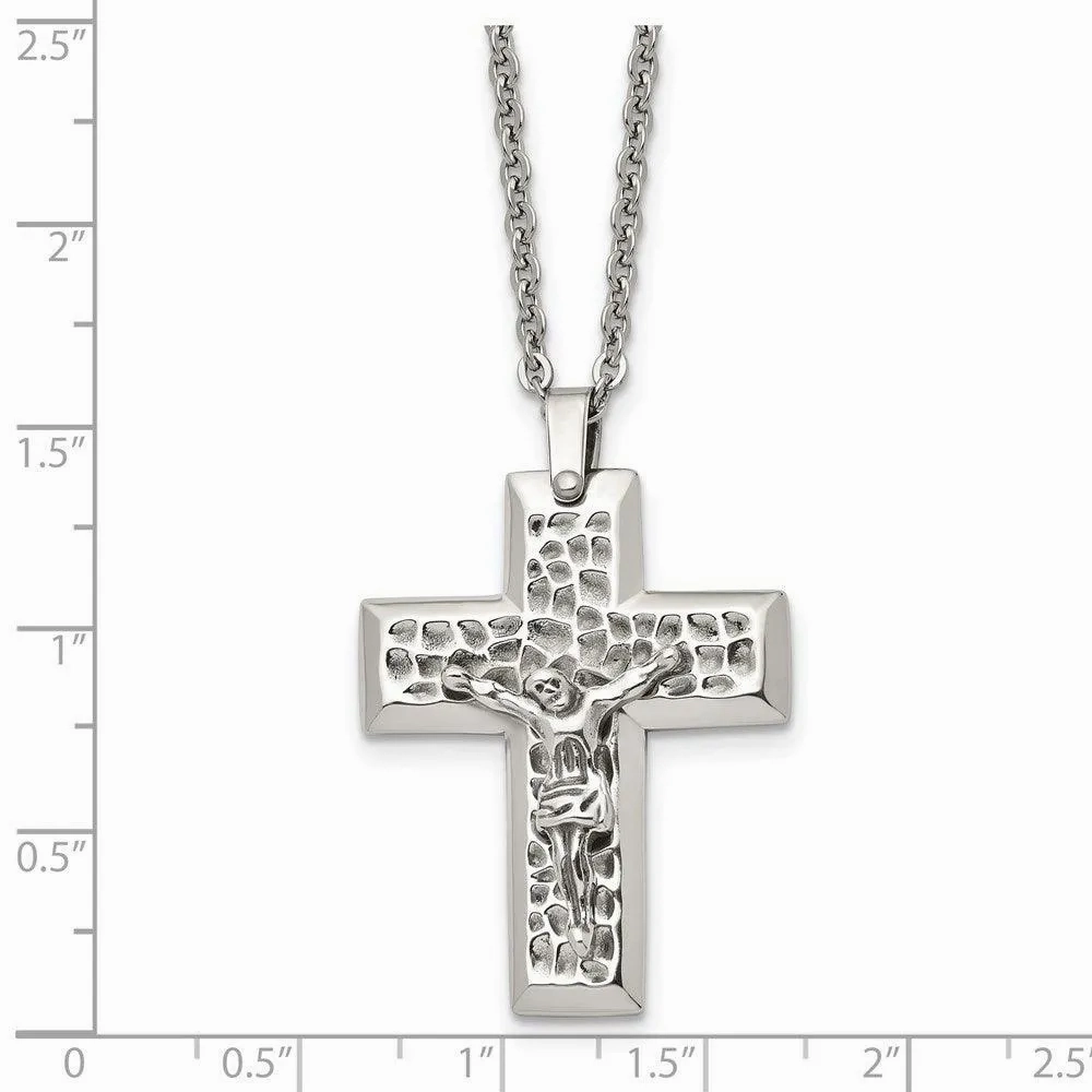 Stainless Steel Polished &amp; Textured Crucifix 20in Necklace