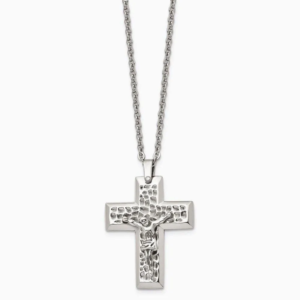 Stainless Steel Polished &amp; Textured Crucifix 20in Necklace