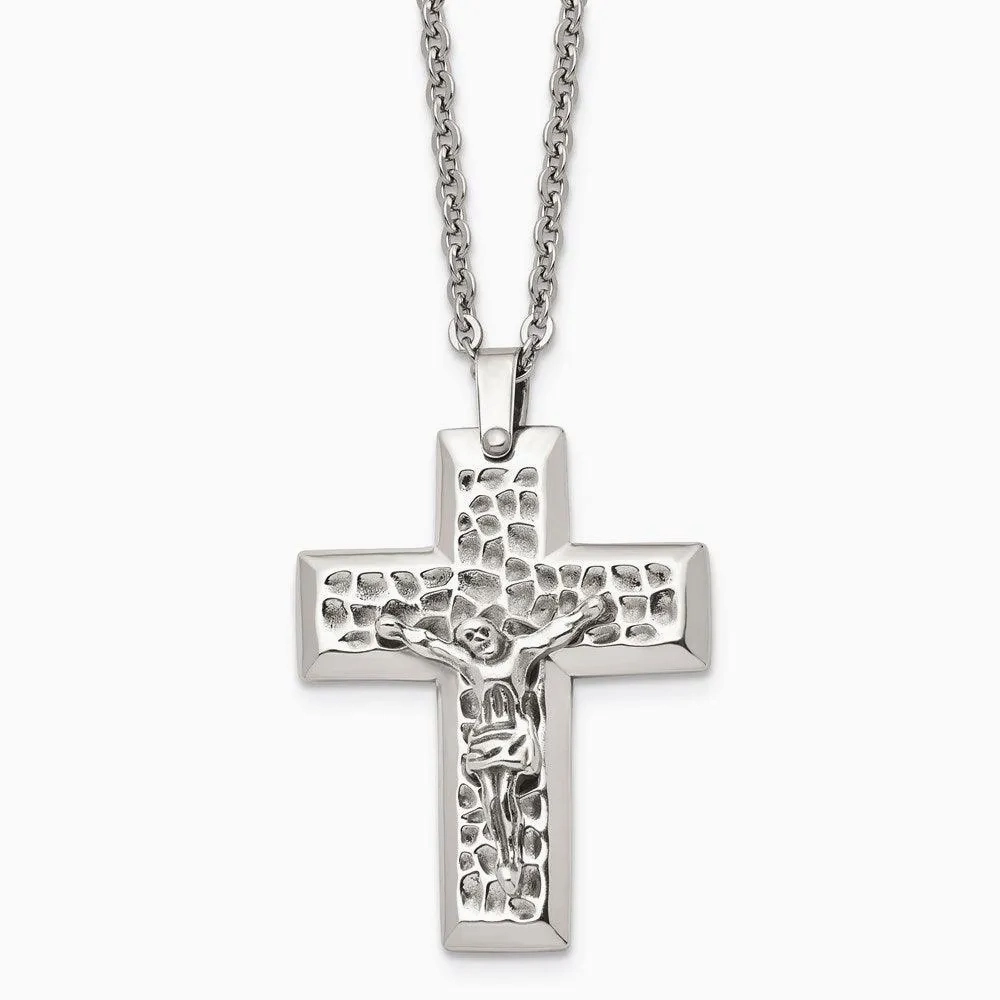 Stainless Steel Polished &amp; Textured Crucifix 20in Necklace
