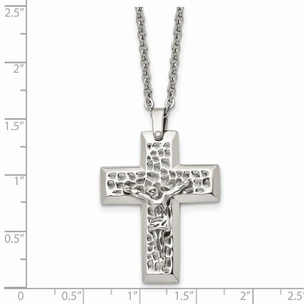 Stainless Steel Polished &amp; Textured Crucifix 20in Necklace