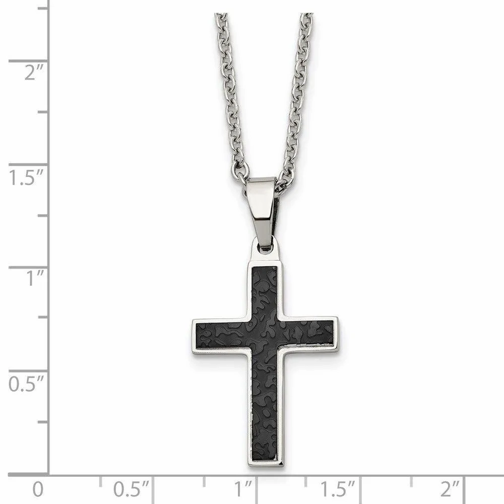 Stainless Steel Polished and Textured Black IP-plated Cross Necklace