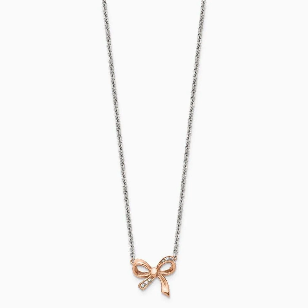 Stainless Steel Polished Pink IP plated CZ Bow with 1.75in ext. Necklace