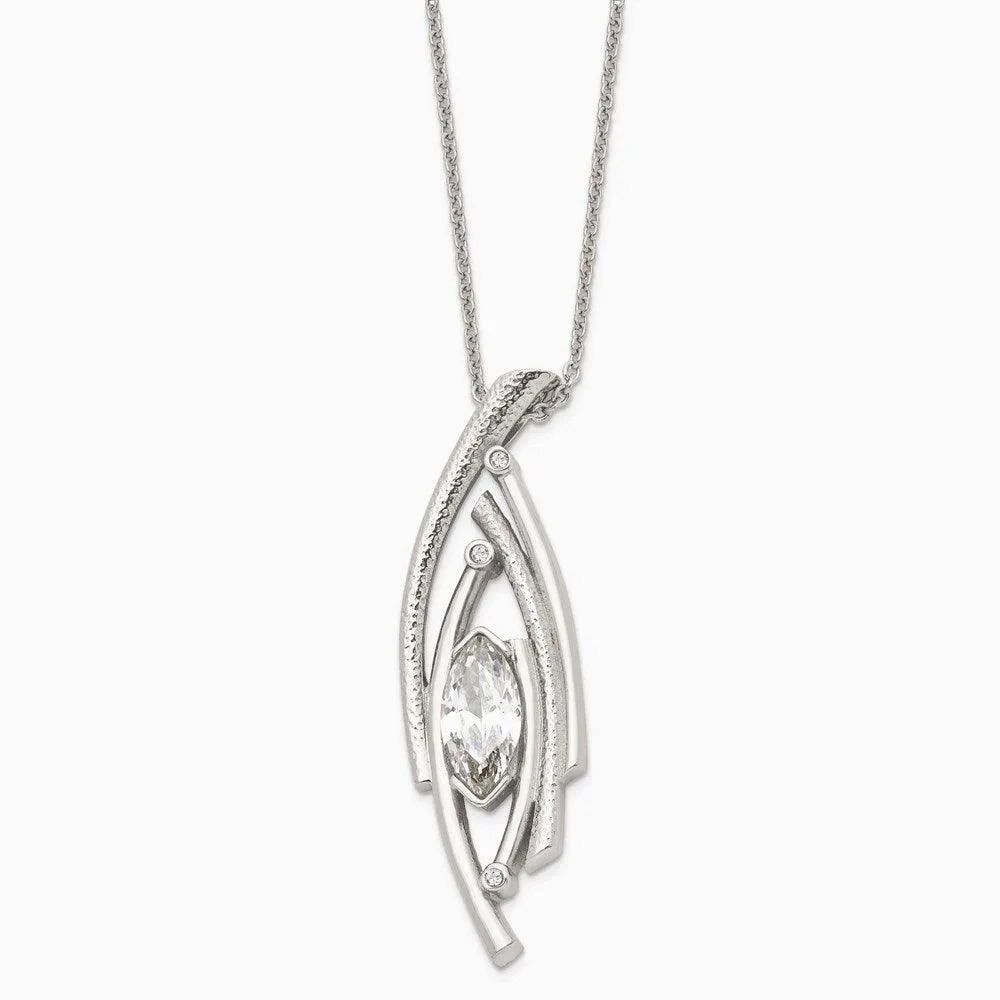 Stainless Steel Polished/Textured CZ w/2in ext. Necklace