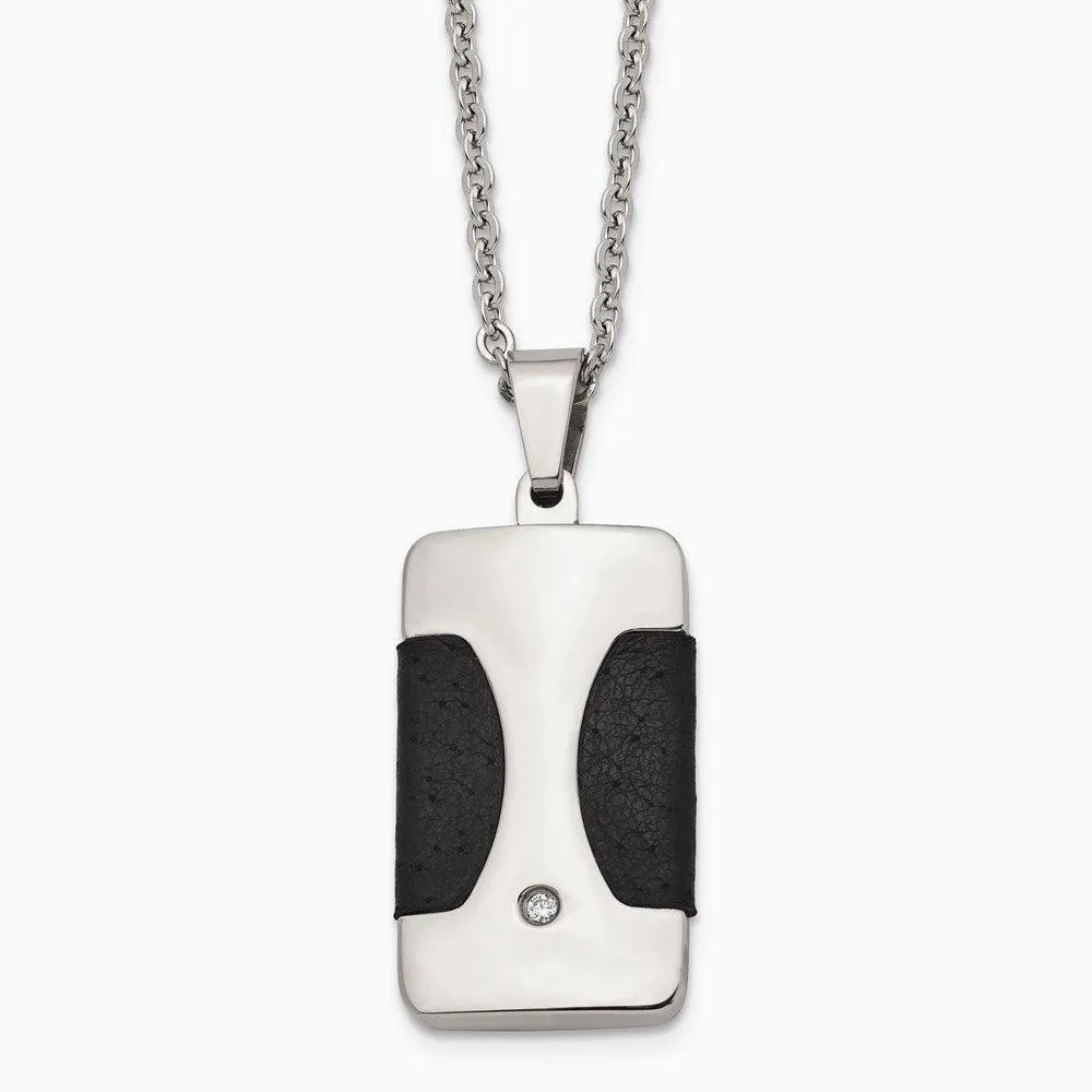 Stainless Steel Polished w/ CZ &amp; Leather Reversible Inlay Necklace