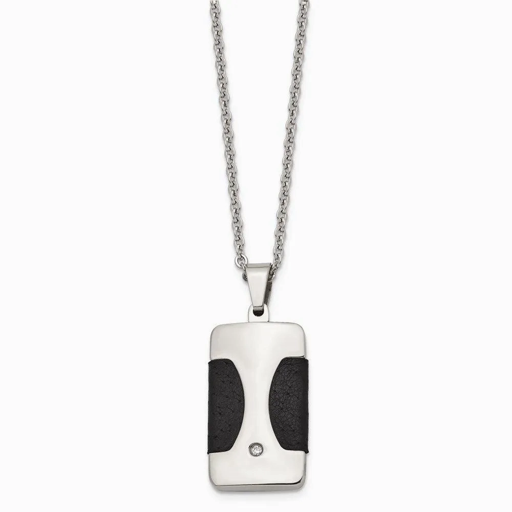 Stainless Steel Polished w/ CZ &amp; Leather Reversible Inlay Necklace