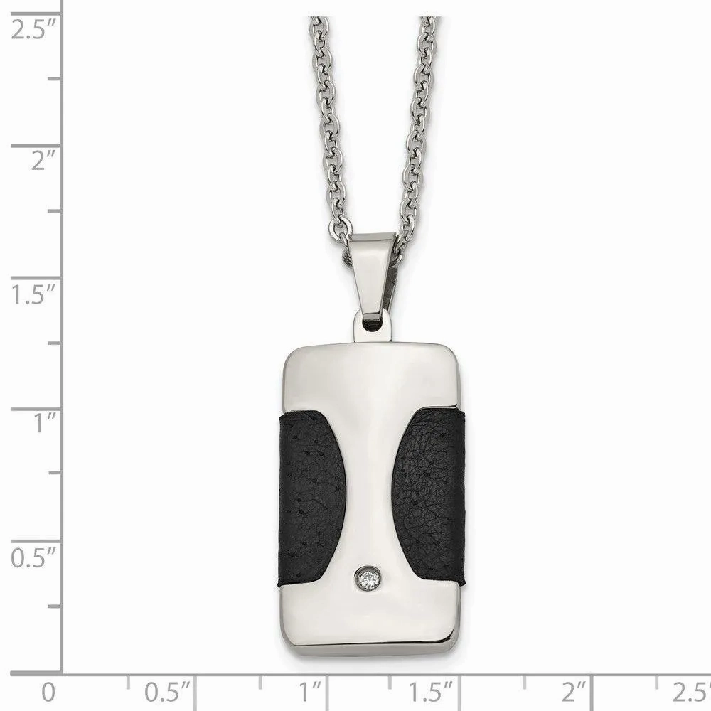 Stainless Steel Polished w/ CZ &amp; Leather Reversible Inlay Necklace