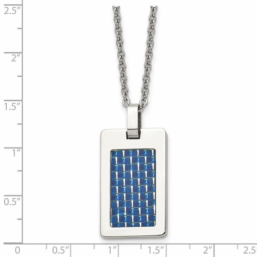 Stainless Steel Polished with Blue Carbon Fiber Inlay Dog Tag Necklace