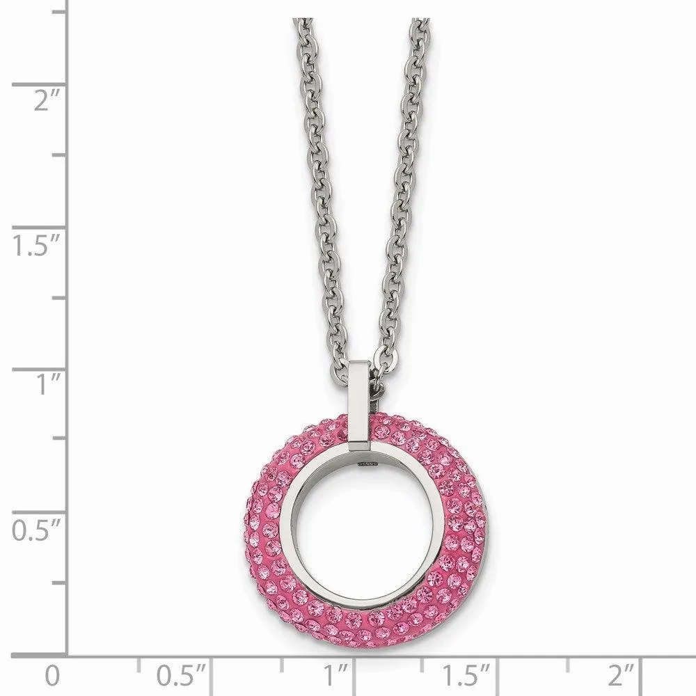 Stainless Steel Polished with Pink Crystal Circle Necklace