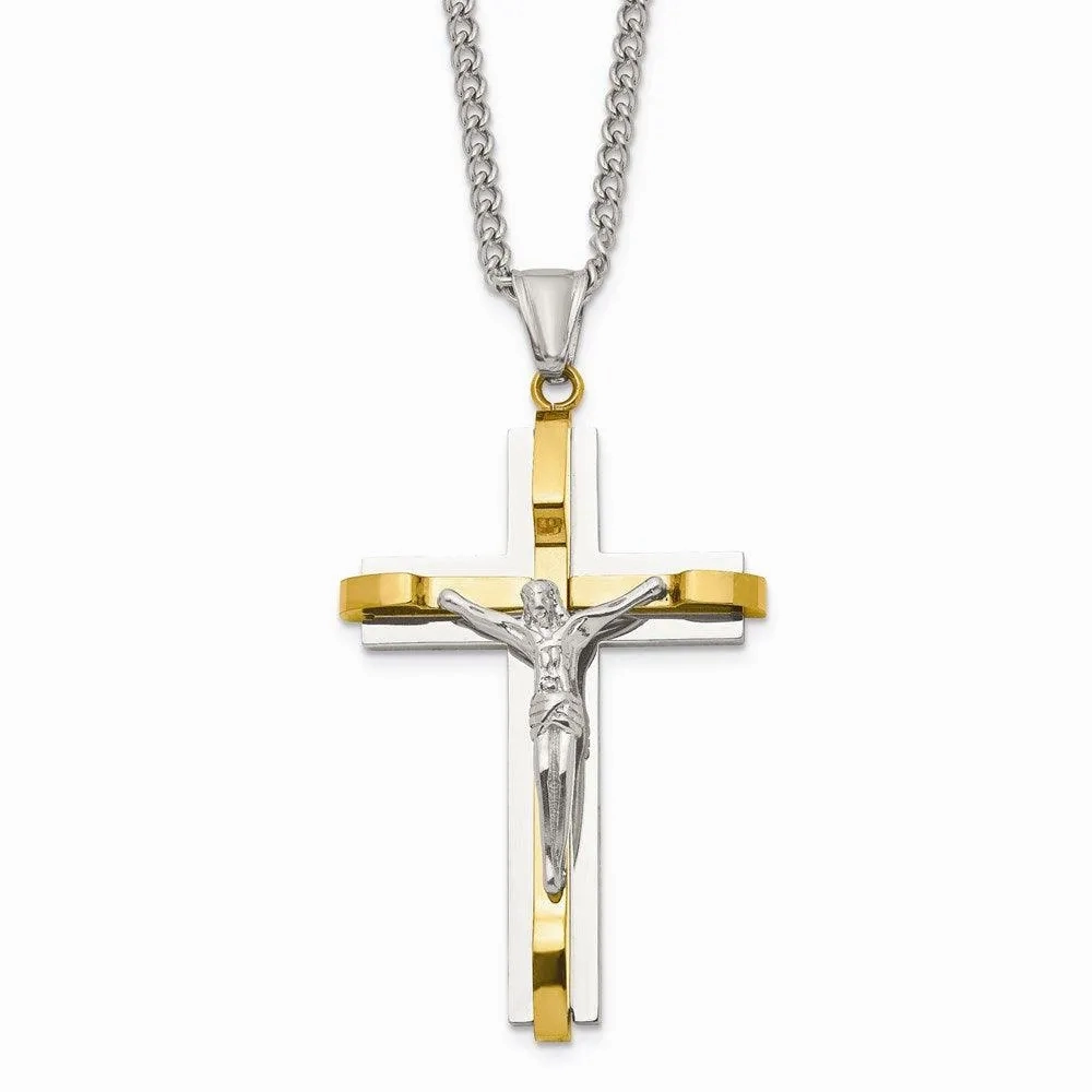 Stainless Steel Polished Yellow IP Crucifix Necklace