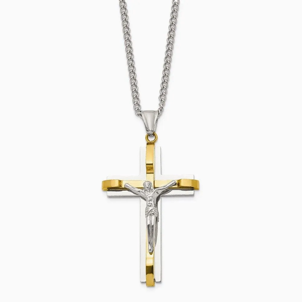 Stainless Steel Polished Yellow IP Crucifix Necklace