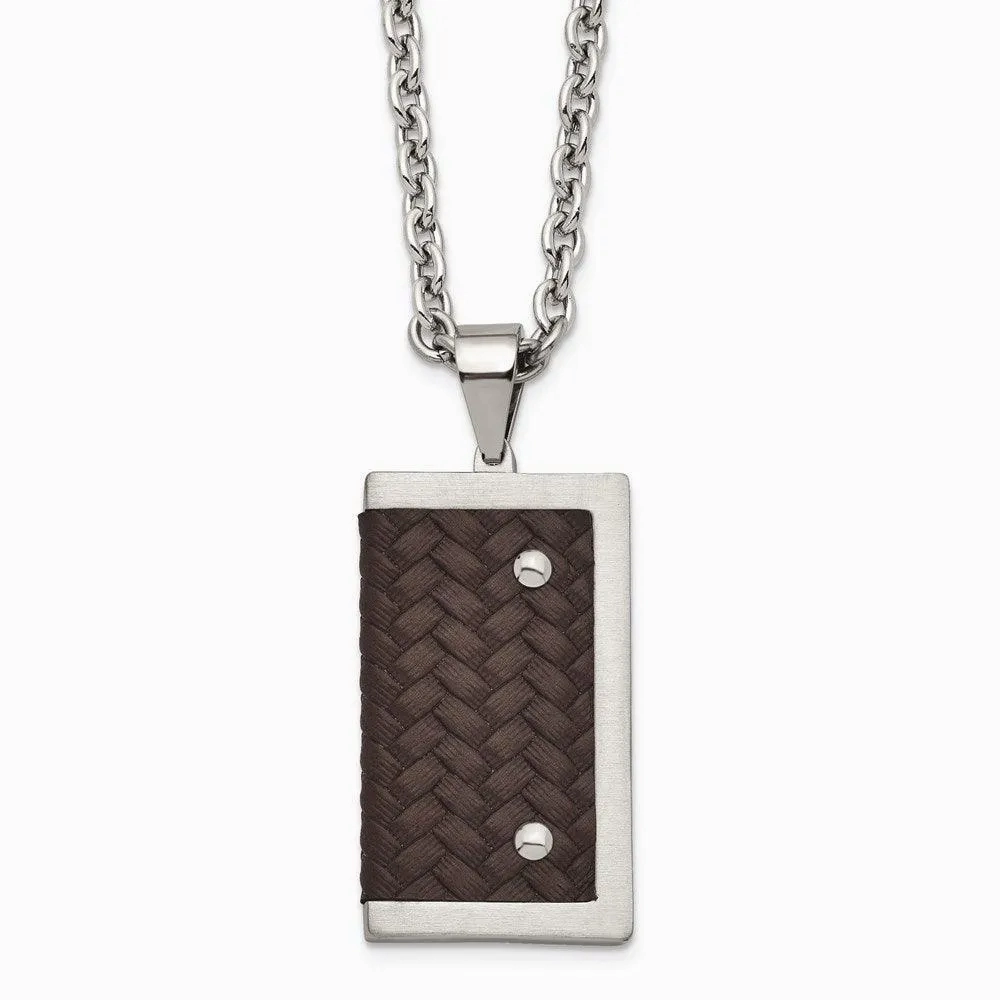 Stainless Steel Reversible Brushed &amp; Polished with Brown Leather Necklace