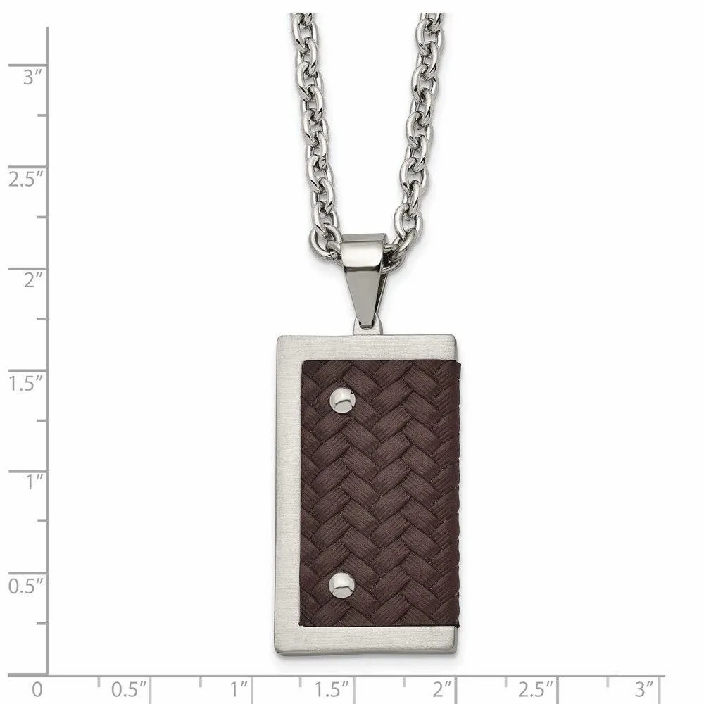 Stainless Steel Reversible Brushed &amp; Polished with Brown Leather Necklace