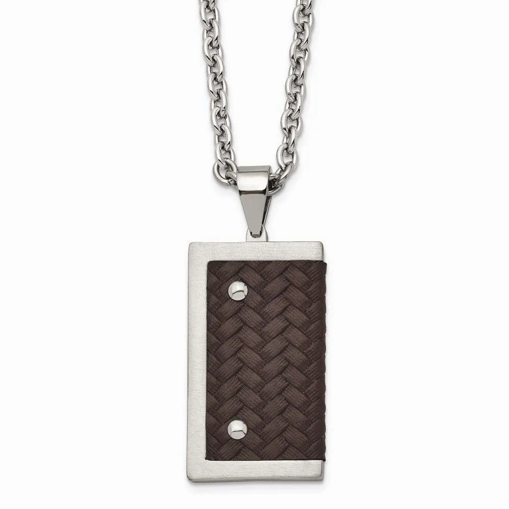 Stainless Steel Reversible Brushed &amp; Polished with Brown Leather Necklace