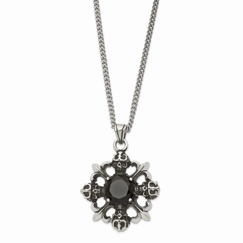 Stainless Steel Skulls &amp; Fleur de lis w/Black CZ 22in Necklace