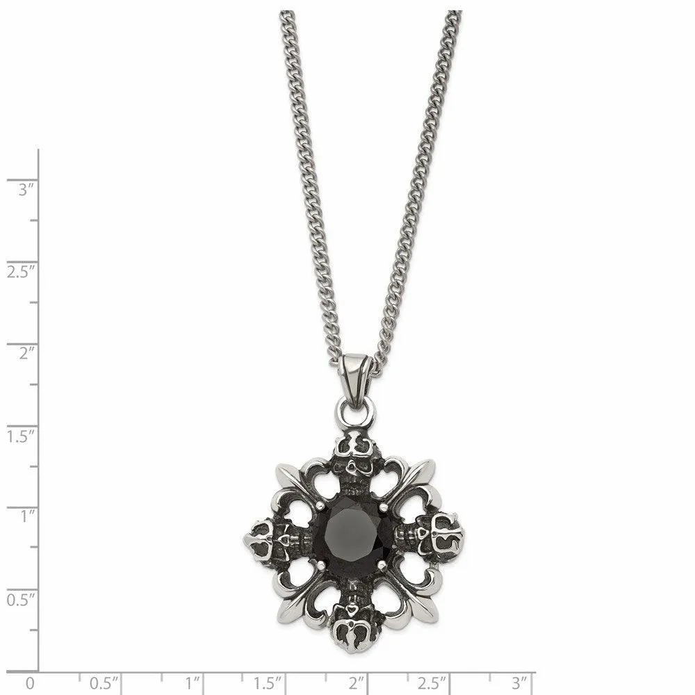 Stainless Steel Skulls &amp; Fleur de lis w/Black CZ 22in Necklace
