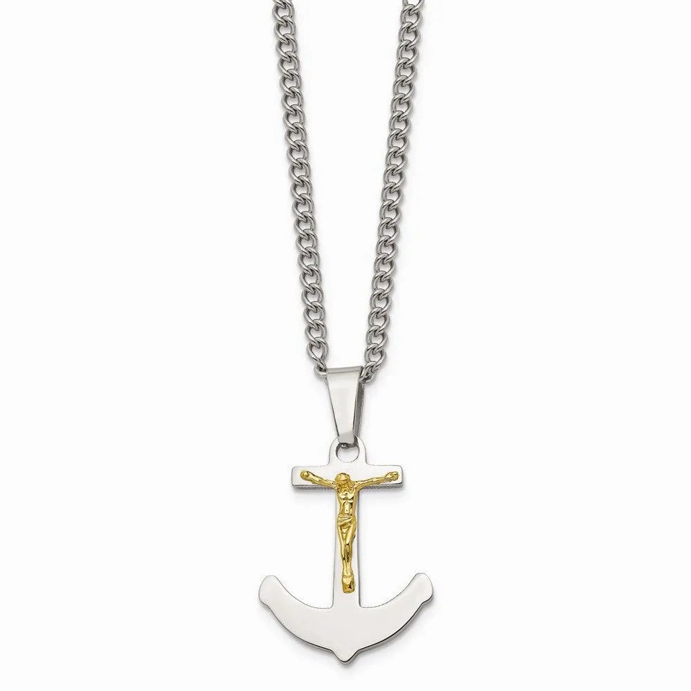 Stainless Steel w/14k Gold Crucifix Anchor Necklace