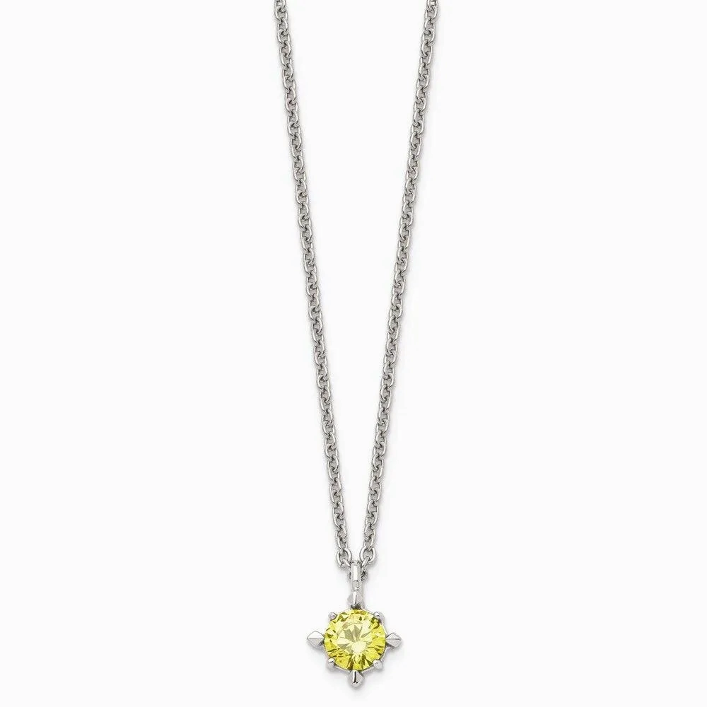 Stainless Steel Yellow CZ Pendant 18in Necklace