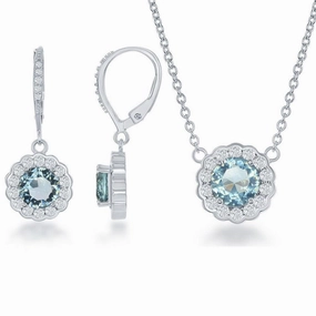 Sterling Silver 16 2 Inch December Birthstone With  CZ Border Round Earrings and Necklace Set suit-set  