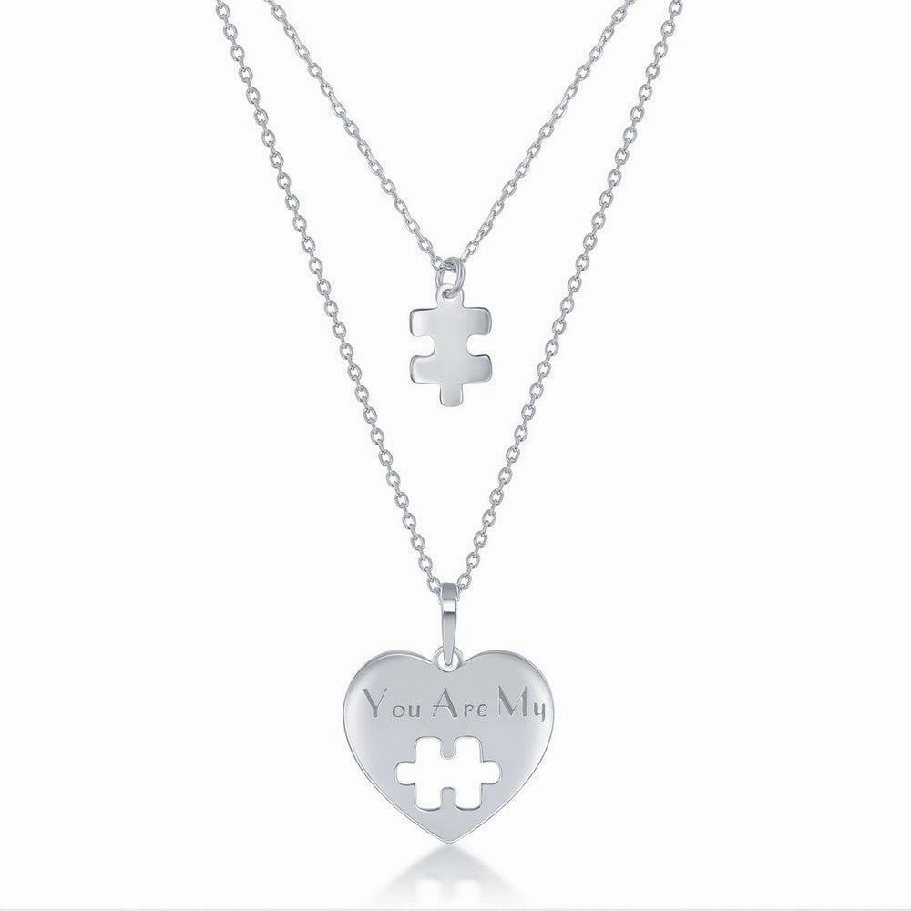 Sterling Silver 2PC; Puzzle Piece Necklace Set - 16 2 Inch You Are My Heart; 14 2 Puzzle Piece suit-set  