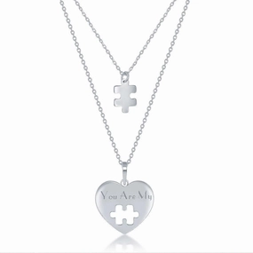 Sterling Silver 2PC; Puzzle Piece Necklace Set - 16 2 Inch You Are My Heart; 14 2 Puzzle Piece suit-set  