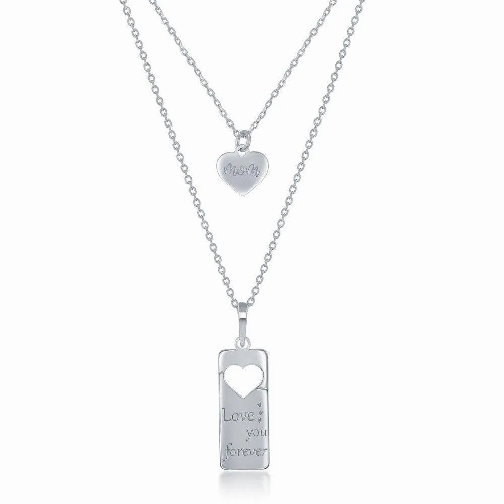 Sterling Silver 2PC Tag Heart Necklace Set - 16 2 Inch  Love You Forever Tag &amp; 14 2 Mom Heart