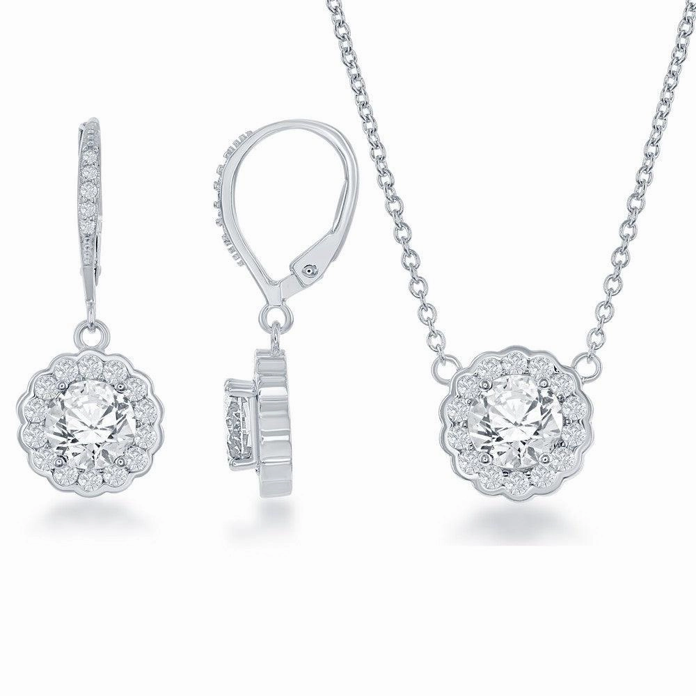 Sterling Silver April Birthstone With  CZ Border Round Earrings and Necklace Set suit-set  