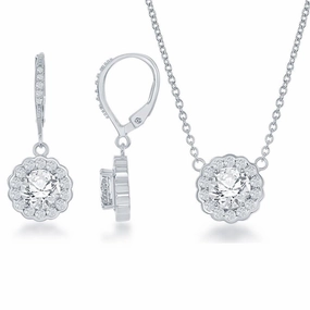 Sterling Silver April Birthstone With  CZ Border Round Earrings and Necklace Set suit-set  