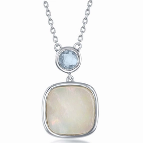 Sterling Silver Bezel Set Blue Topaz and Square MOP Necklace suit-set  