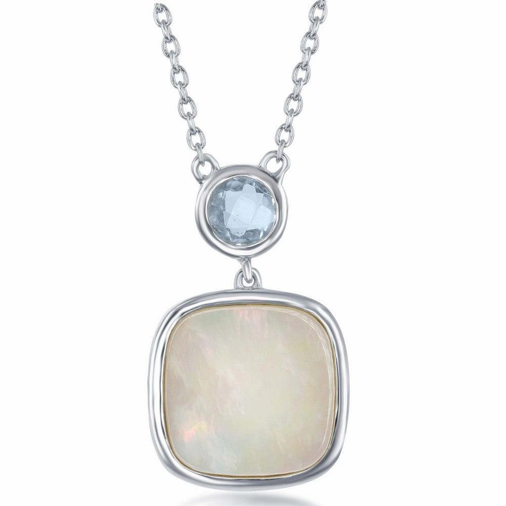 Sterling Silver Bezel Set Blue Topaz and Square MOP Necklace suit-set  