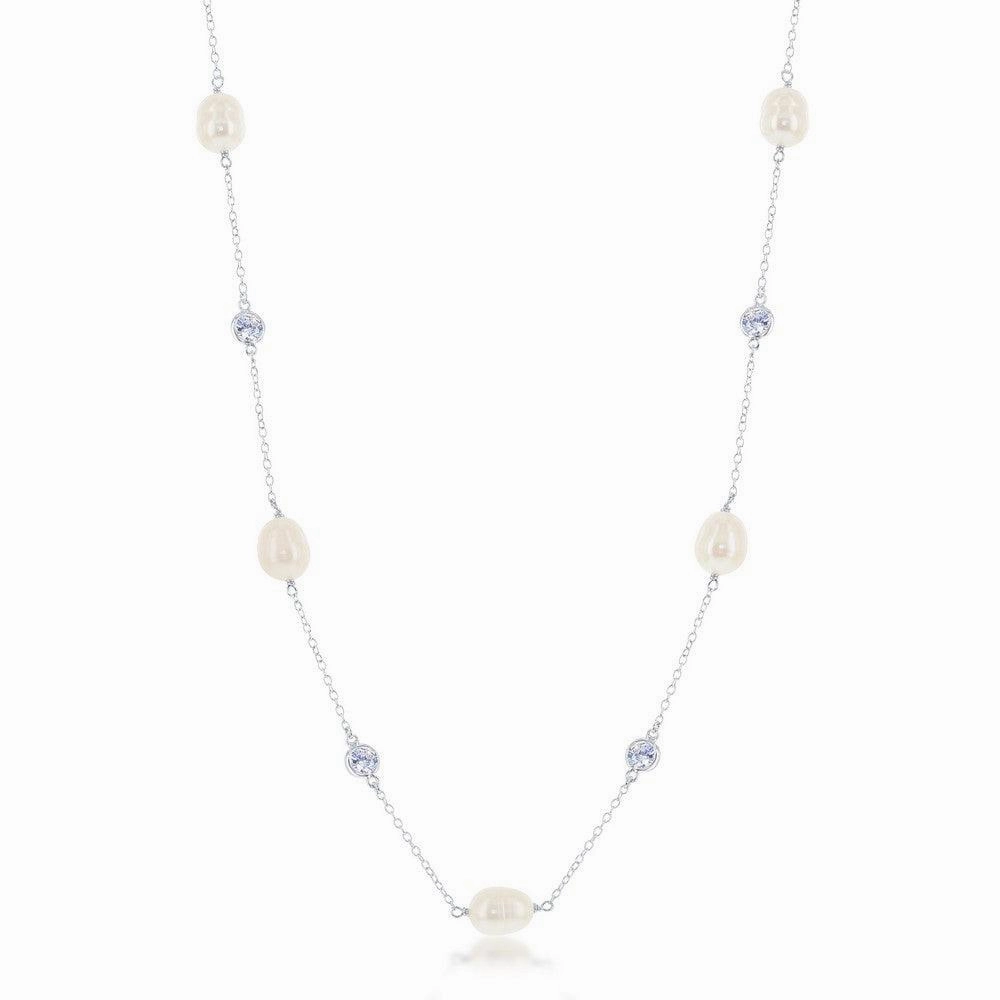 Sterling Silver Bezel Set CZ and Pearl Necklace suit-set  