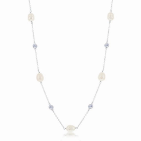 Sterling Silver Bezel Set CZ and Pearl Necklace suit-set  