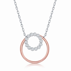 Sterling Silver Bezel-Set CZ and RG Plain Open Circle Necklace suit-set  