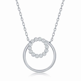 Sterling Silver Bezel-Set CZ with Plain Open Circle Necklace suit-set  