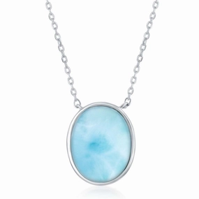 Sterling Silver Bezel Set Oval Larimar Necklace suit-set  
