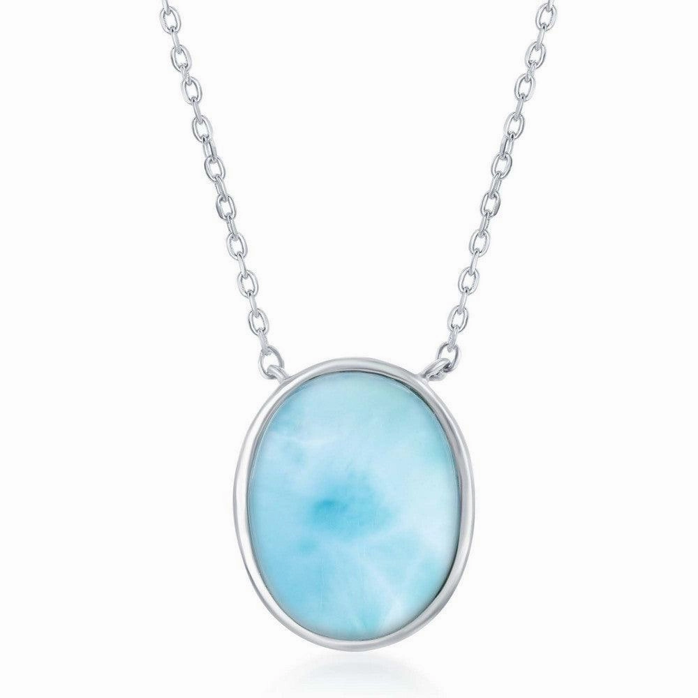 Sterling Silver Bezel Set Oval Larimar Necklace suit-set  