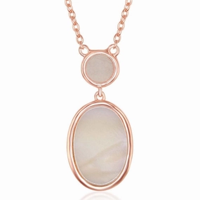 Sterling Silver Bezel-set Rose Quartz and Oval Pink MOP Necklace suit-set  